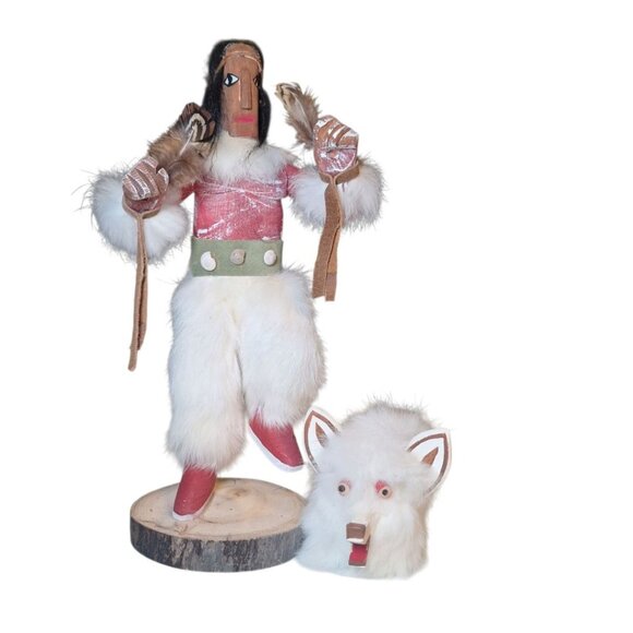Kachina Doll Wolf Mask RB Vintage Native Folk Art Indian Fur Wood 12.5 Inch - Picture 9 of 14